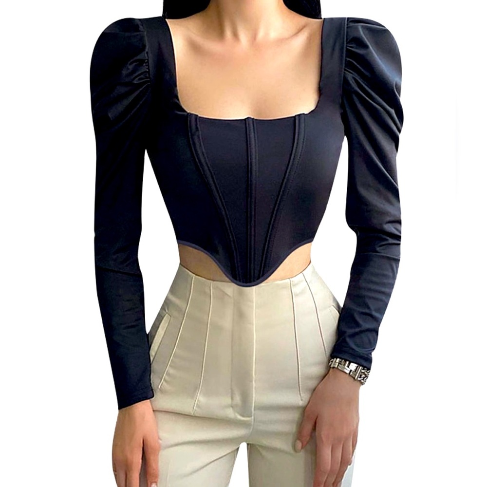 New Velvet Sexy Corset Tops Puff Long Sleeve Square Neck Slim Fit Size Smalll